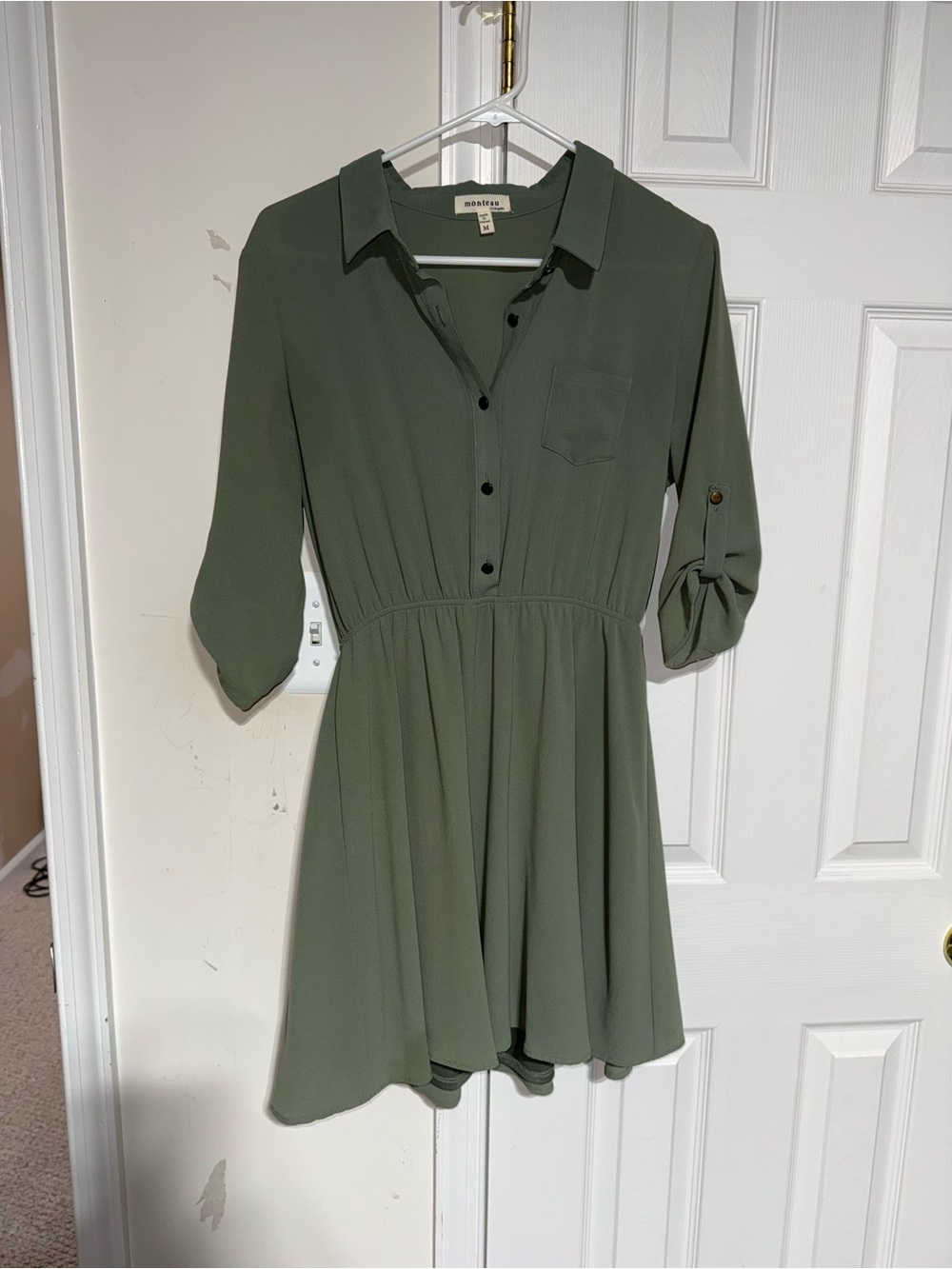 Monteau Olive Collared Button-Front Mini Dress